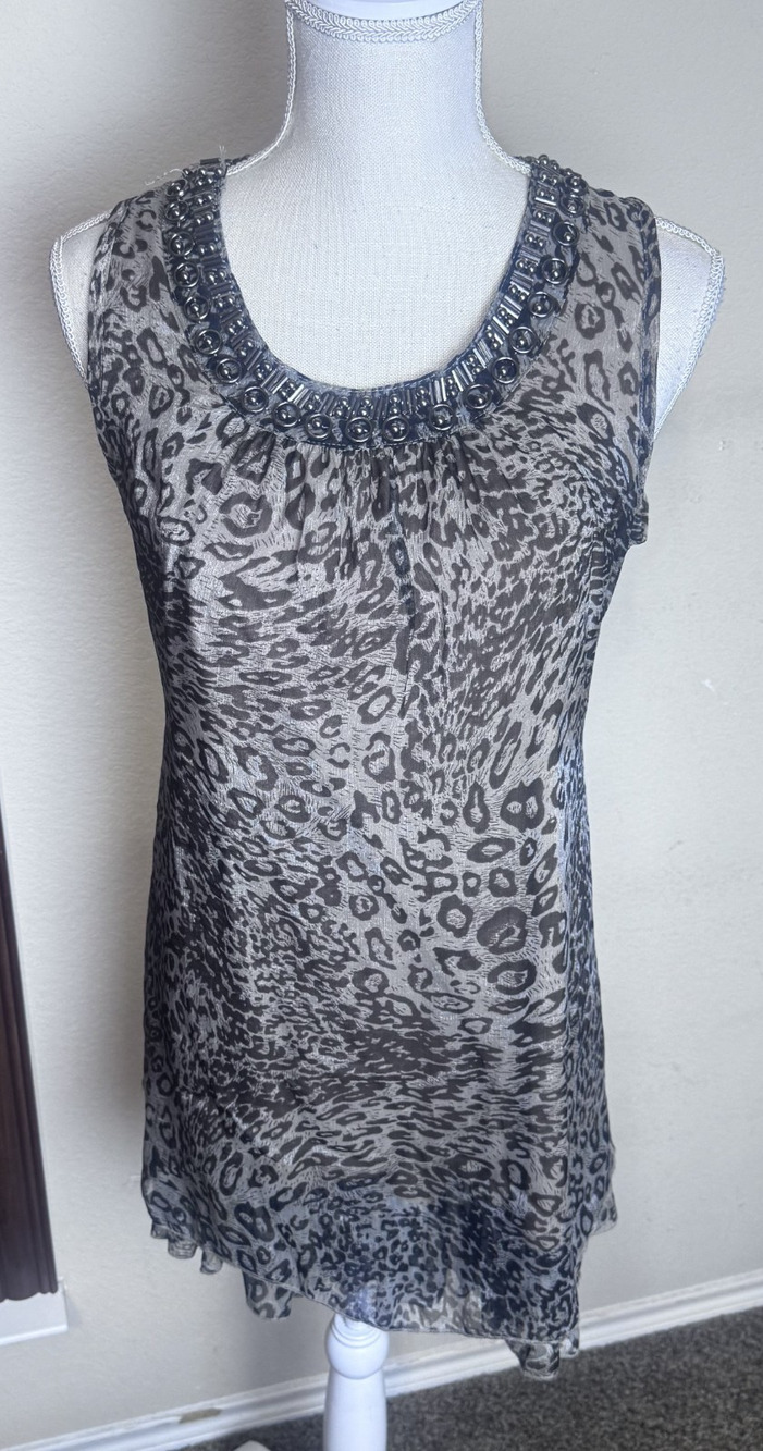 Y2K My Pretty Angel Mini Dress Silk Blend Leopard beaded neckline Fairy sz M